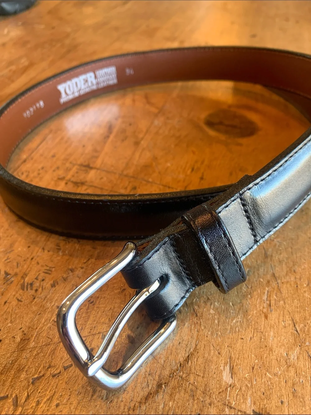 Men's Black Leather Belt with Polished Silver Buckle